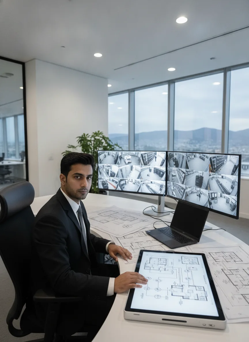 professional security technician in Pakistan reviewing CCTV monitors